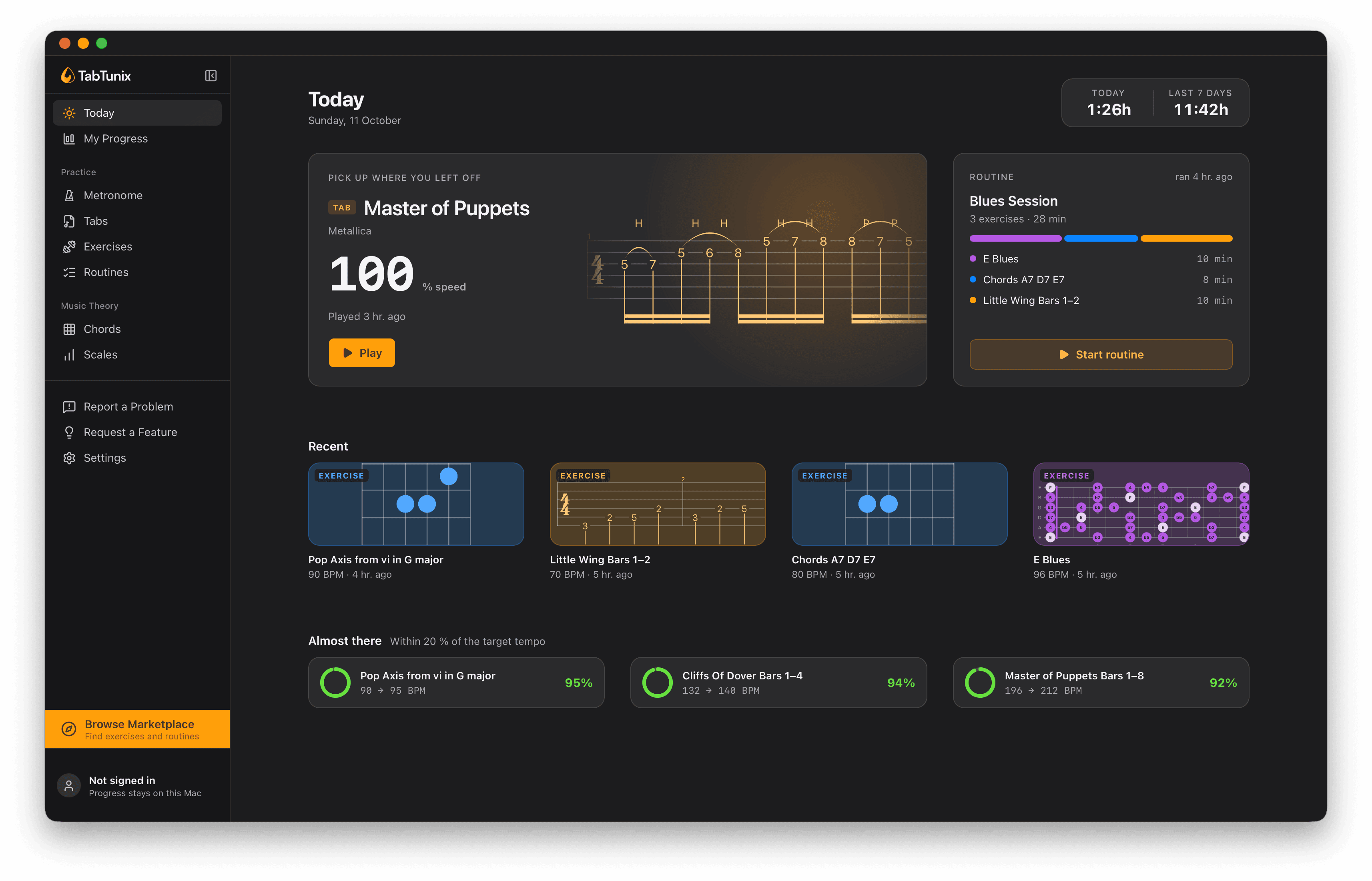 TabTunix, the guitar practice app, on its Today screen: the tab to pick up where you left off, a practice routine and the exercises played last